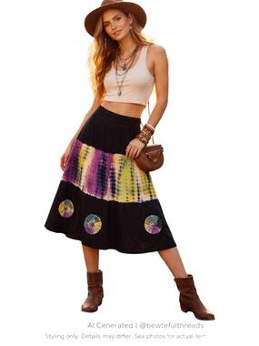 Boho Festival Tie-Dye Midi Skirt Black Cotton Indie Artsy A-Line S/M